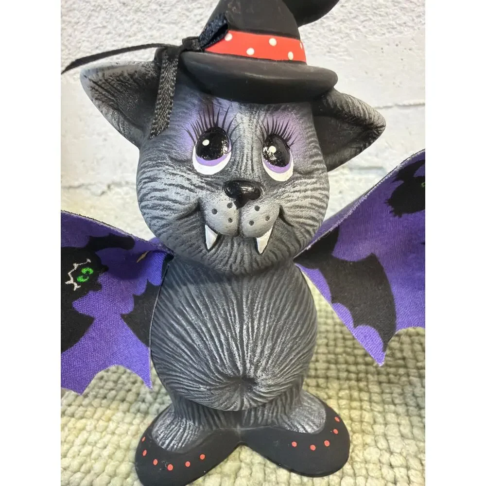 Hand Painted Halloween Ceramic Bat & Ghost Bear Figurines Set Pumpkin Cloth Wing